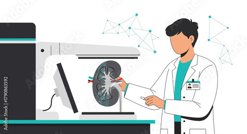 Illustration of a medical professional examining a kidney scan with advanced technology in a