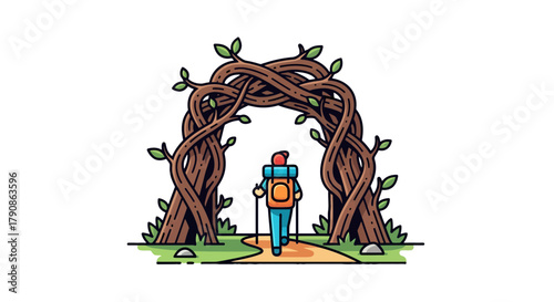 Adventurer Entering Pathway Underneath Tree Archway, Nature Exploration And Journey