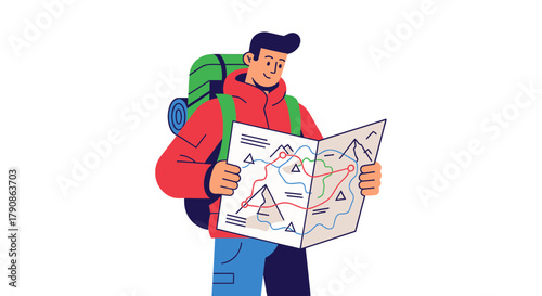 Adventurer Examining Map Preparing for Exploration Journey Navigating Terrain Outdoors