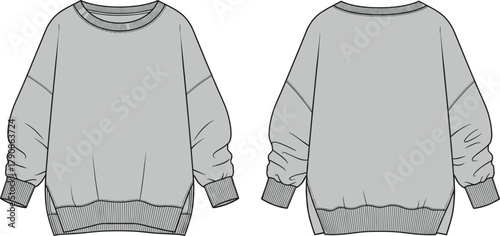 Sweatshirt front and back flat sketch, oversized pullover with ribbed cuffs hem neckline, apparel technical drawing template, cad drawing flat vector