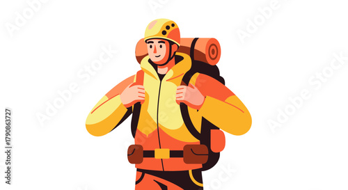 Adventure Seeker Standing Ready To Explore With Backpack And Protective Gear Prepared