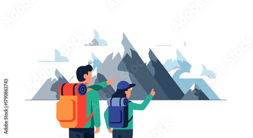 Adventure Seekers Pointing Towards Majestic Mountains During Daytime Exploration