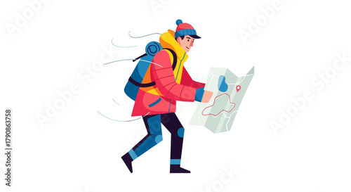 Adventurer Explores With Backpack And Map On The Path To Adventure