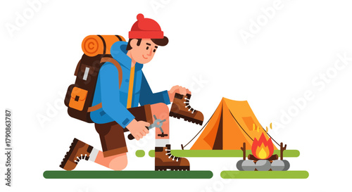 Adventurer Administers Medical Aid Next To a Campsite With Campfire and a Tent