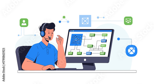 Illustration of a professional customer service representative assisting with technological
