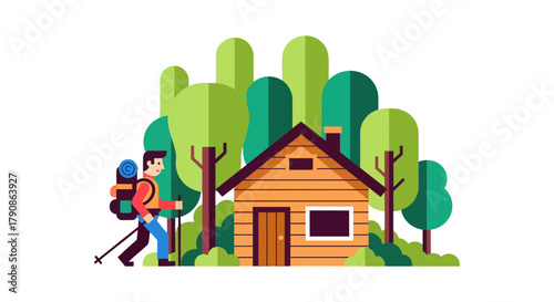 Adventurer Hiking Towards Cabin Amidst Verdant Forest With Stylish Vector Illustration