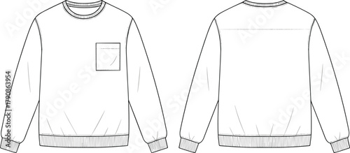 Technical crewneck sweatshirt flat sketch, long sleeve garment vector, chest pocket detail, ribbed cuffs hem, front and back views, flavector