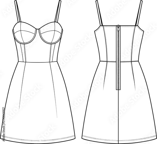Technical flat sketch dress, sleeveless fitted silhouette, spaghetti strap vector design, corset style bodice, fashion illustration blueprint, garment construction pattern, flavector