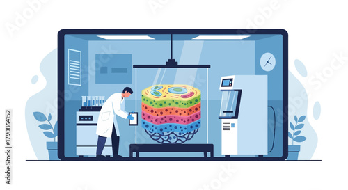 Illustration of a scientist analyzing a cell structure in a modern laboratory setting displaying