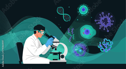 Illustration of a scientist analyzing viruses, dna, and cells under a microscope in a laboratory