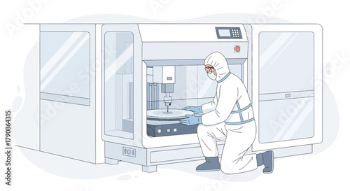 Illustration of a scientist in a cleanroom suit working with a complex machine inside a laboratory