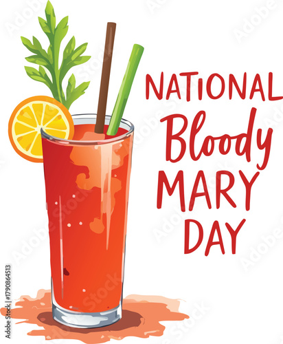 National bloody mary day drink illustration with celery orange and tasty spices