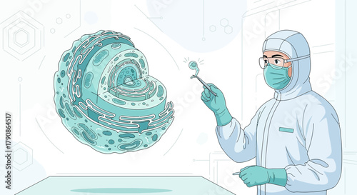 Illustration of a scientist manipulating a cell structure in a modern laboratory setting
