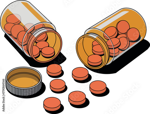 Two prescription bottles spill out their orange pills onto a surface.