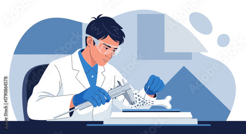 Illustration of a scientist measuring a bone in a lab with scientific precision