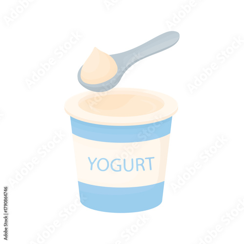 An open yogurt pack with a spoon isolated on a white background. Fermented milk product. Healthy nutrition. Yogurt spoon