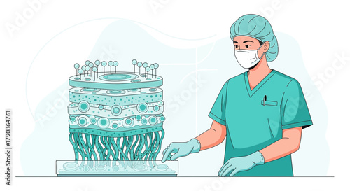Illustration of a scientist working with a multi layered cell structure in a laboratory setting