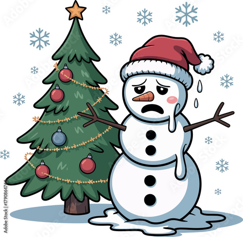 A melting snowman wearing a Santa hat next to a decorated Christmas tree.