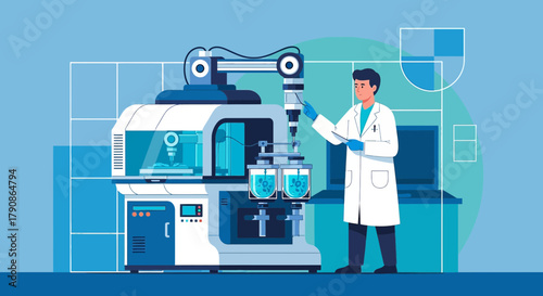 Illustration of a scientist working with a robotic arm in a laboratory environment depicting