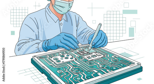 Illustration of a technician working on a circuit board with mask and gloves carefully assembling
