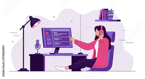 Illustration of a woman working from home as a customer service representative in a stylish home