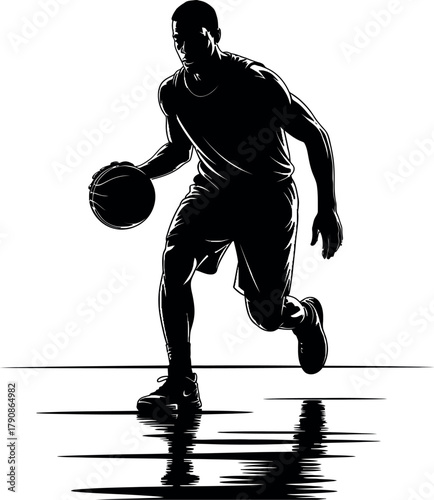 Silhouette of a basketball player dribbling a ball on a court.
