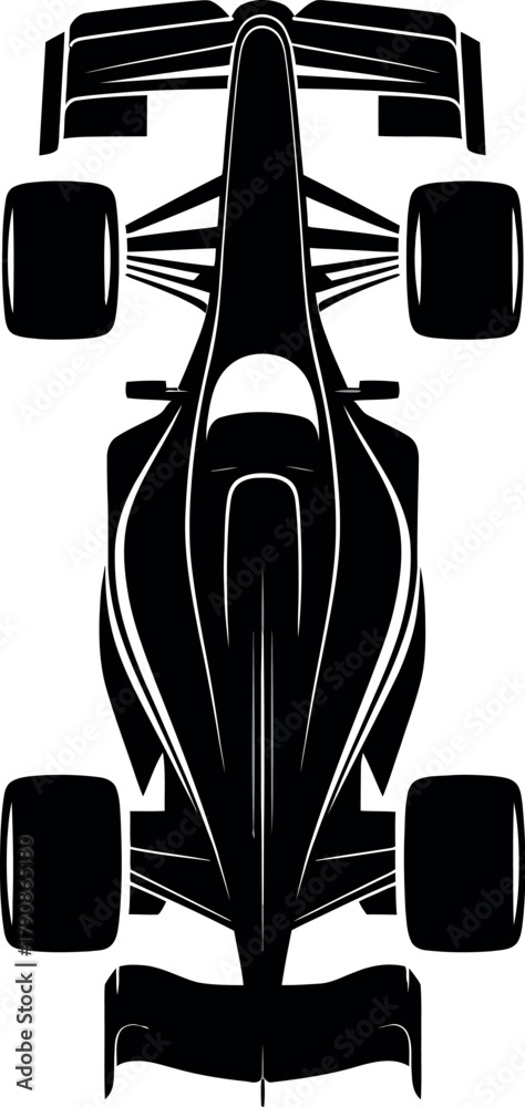 Obraz premium Top view silhouette of a sleek black Formula 1 racing car.
