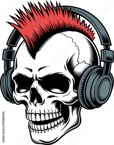 A skull with a red mohawk and headphones is depicted.