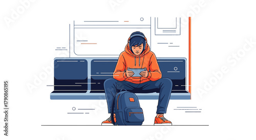Illustration of a young man with headphones using a tablet on a train commute