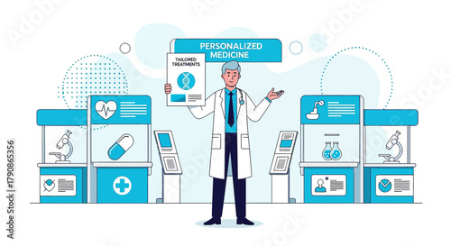 Illustration of doctor promoting personalized medicine and tailored treatments for patients