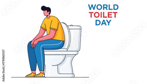 Man sitting on toilet celebrating world toilet day