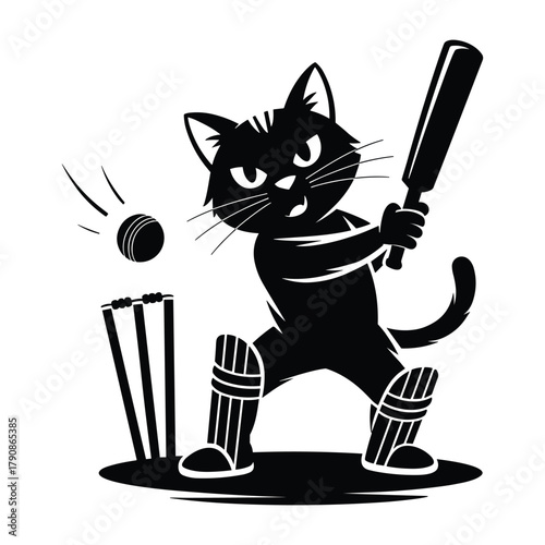 Cartoon cat playing cricket with bat, ball, and wickets animal sport Black silhouette