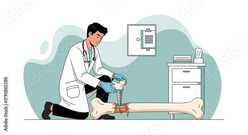 Illustration of doctor repairing a broken bone with screw in medical office setting