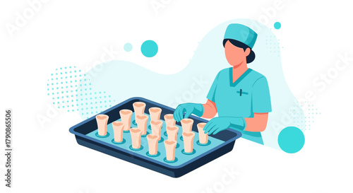 Illustration of medical worker handling samples in a lab setting, healthcare analysis  with white