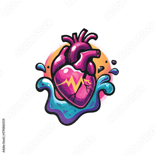 Stylized human heart with vibrant colors and whimsical water splashes medical illustration representing health and vitality modern medical illustration design