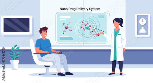 Illustration showcasing a nano drug delivery system explanation to a patient in a modern hospital