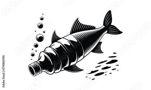 Black silhouette of a fish with fins and tail emerging from a plastic bottle underwater pollution