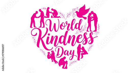 Heart shaped world kindness day with silhouettes of people and doves