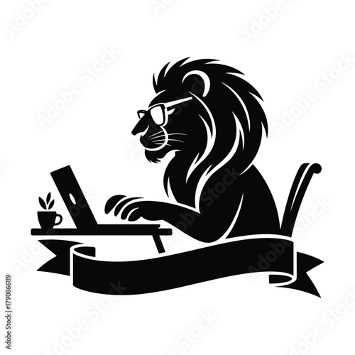 Black silhouette of a lion wearing glasses working on a laptop at a desk with a coffee cup and ribbon