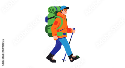 Adventurer Hiking With A Backpack, Ready For An Outdoor Expedition In The Wilderness