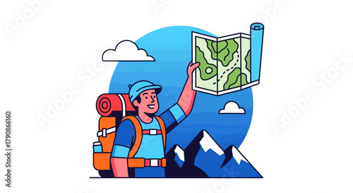 Adventurer Holding A Map High On A Mountain, Ready To Explore New Destinations