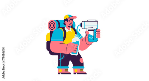 Adventurer Refilling Bottle With Water Purifying Device Symbolism And Refreshment