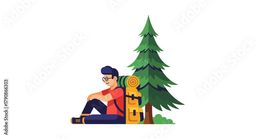 Adventurer Reflecting Under Pine Tree In The Wilderness, Peace And Contemplation