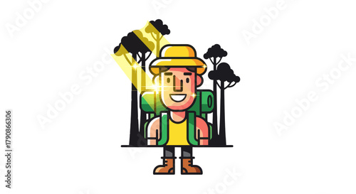 Adventurer In Forest With Backpack Smiling Beneath Sunlight Amidst Trees, Nature