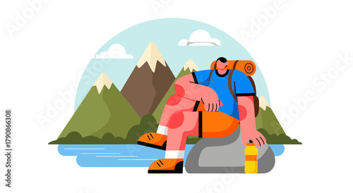 Adventurer Relaxing Amidst Mountain Wilderness Depicted In Minimalist Illustration