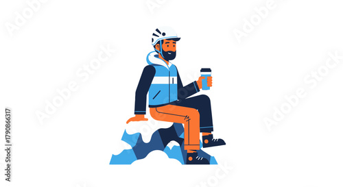 Adventurer Resting Enjoying A Beverage After Climbing A Mountain With A Modern Look