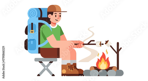 Adventurer Roasting Marshmallows Over a Campfire During a Camping Outing