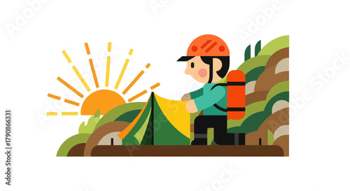 Adventurer Sets Up Camp With The Sun Rising Over The Horizon At The Mountains