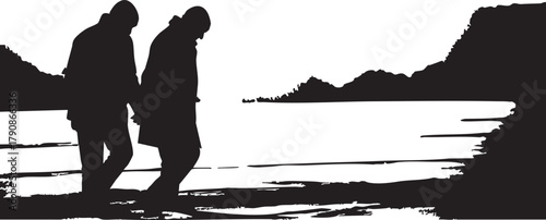 Two silhouetted figures walking along a tranquil shoreline landscape vista isolated on transparent background

