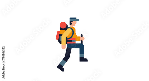 Adventurer In Motion, Illustrated Hiker Ascending Towards a Viewpoint in Dramatic Silhouette